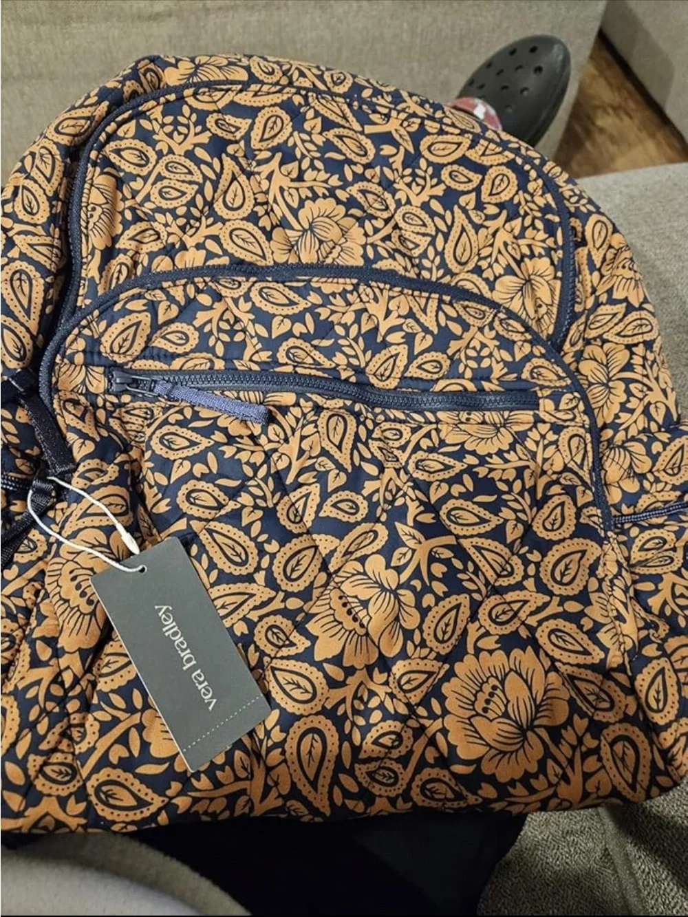 Vera Bradley Quilted Floral  Paisley Backpack in Navy & Tan